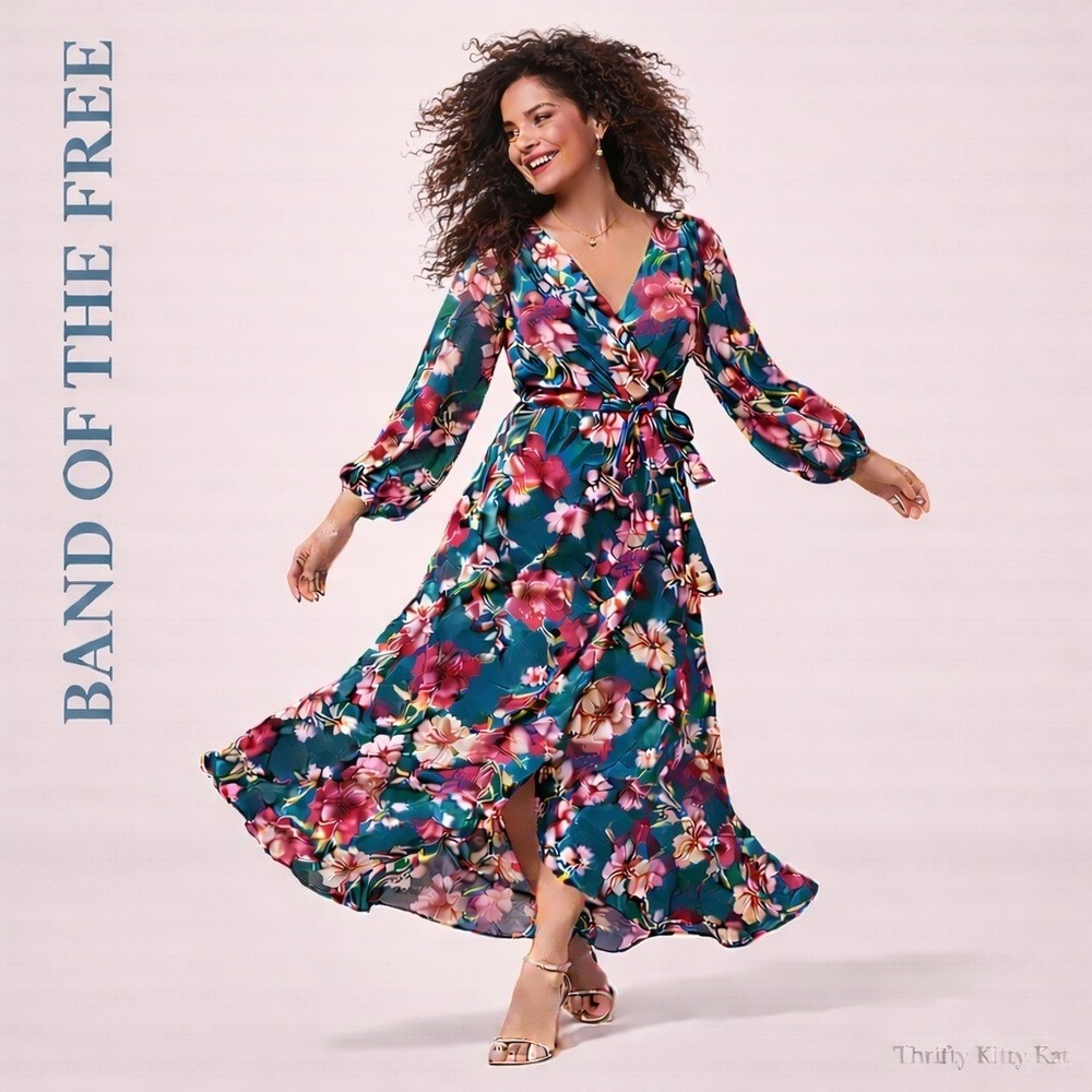 Band Of The Free‎ Floral Wrap Maxi Dress Long Sleeve Teal Pink Floral Romantic M